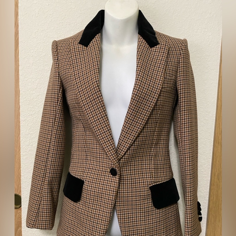 Celine Black and Brown Houndstooth Wool Blazer Sz 34